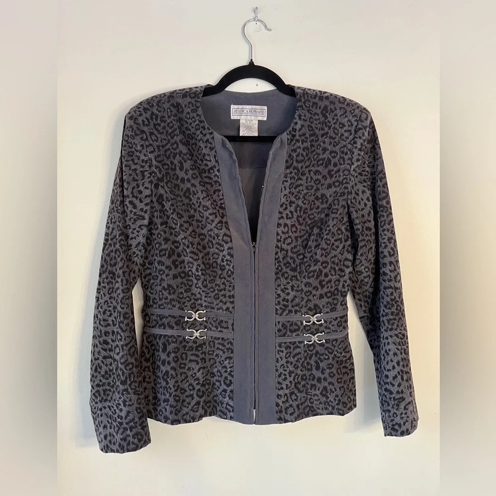 Vintage Jessica Howard Leopard Velvet Feel Zip Blazer Sz 10 Corporate Office